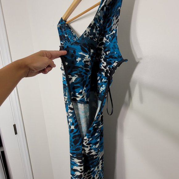 Ann Taylor Sleeveless Midi Dress V Neckline Stretch Leopard Print Blue Womens L - Picture 11 of 12